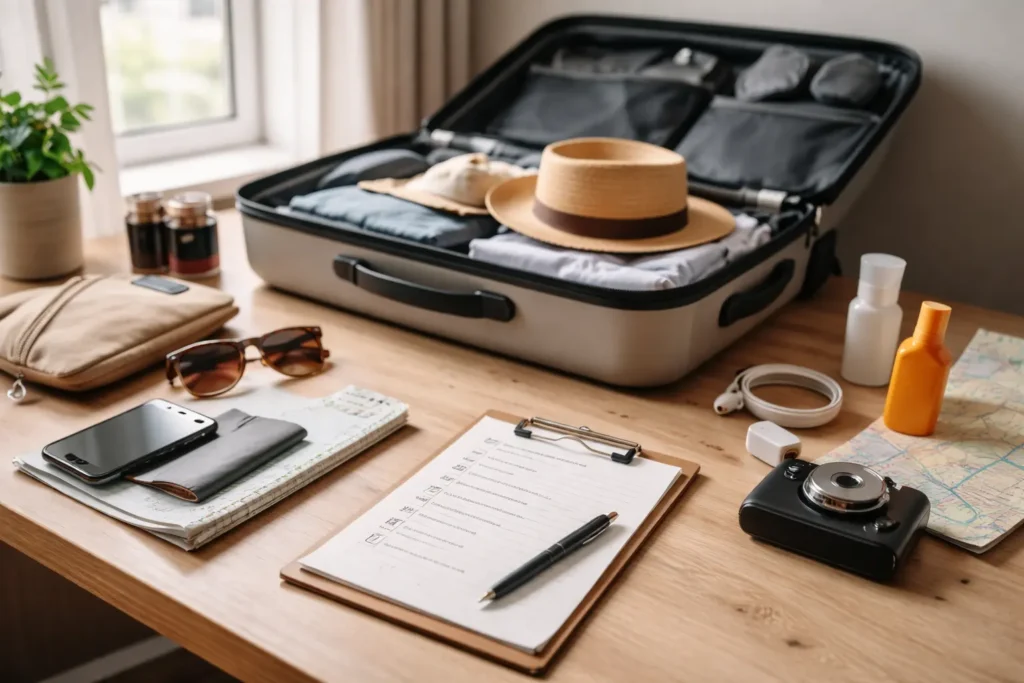 Packing mistakes shown with open suitcase and checklist