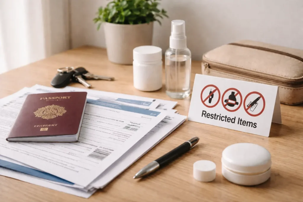 Passport and documents next to restricted items for moving abroad