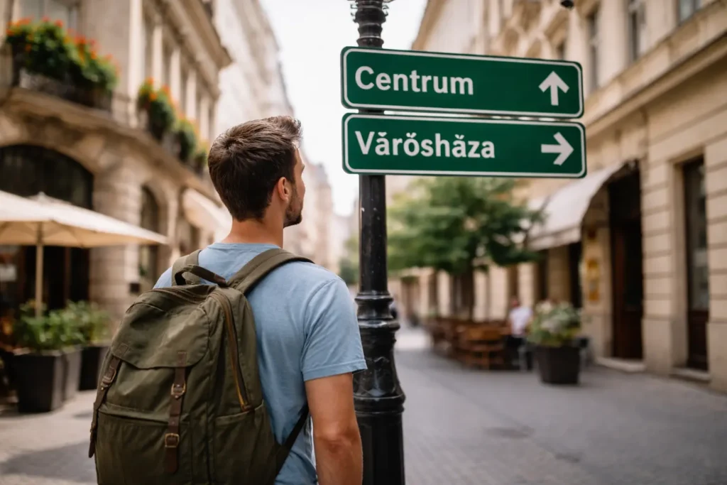 Person confused by foreign street signs in a new country