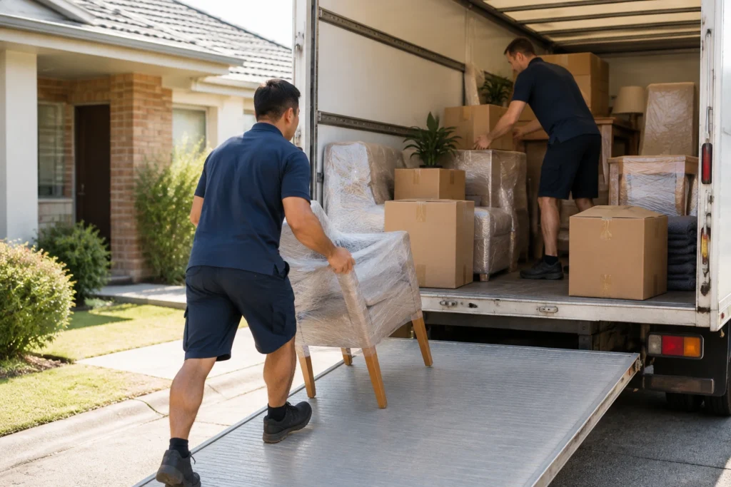 Movers carefully loading wrapped household furniture