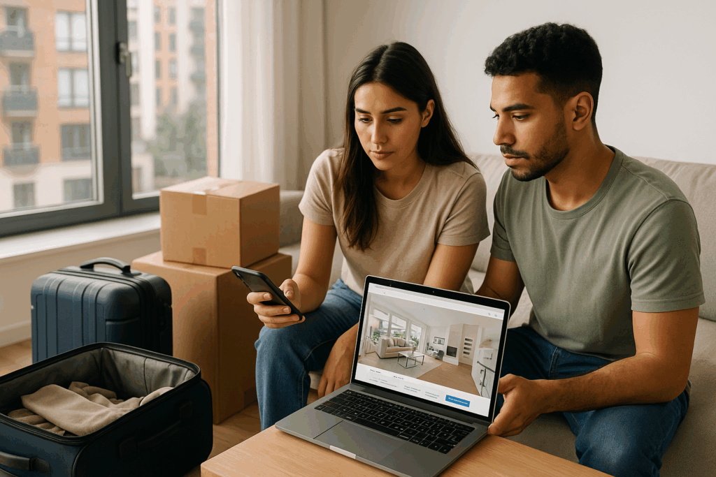 Young couple arranging housing after moving abroad