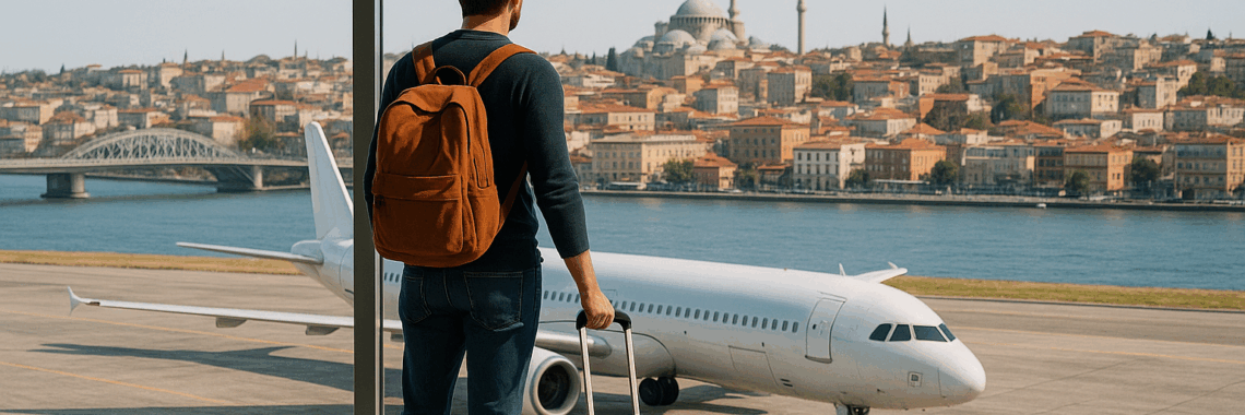 Traveller at airport with airplane and city skyline