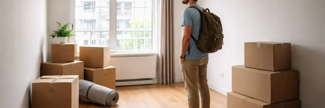 Person in new apartment abroad with unpacked boxes feeling uncertain